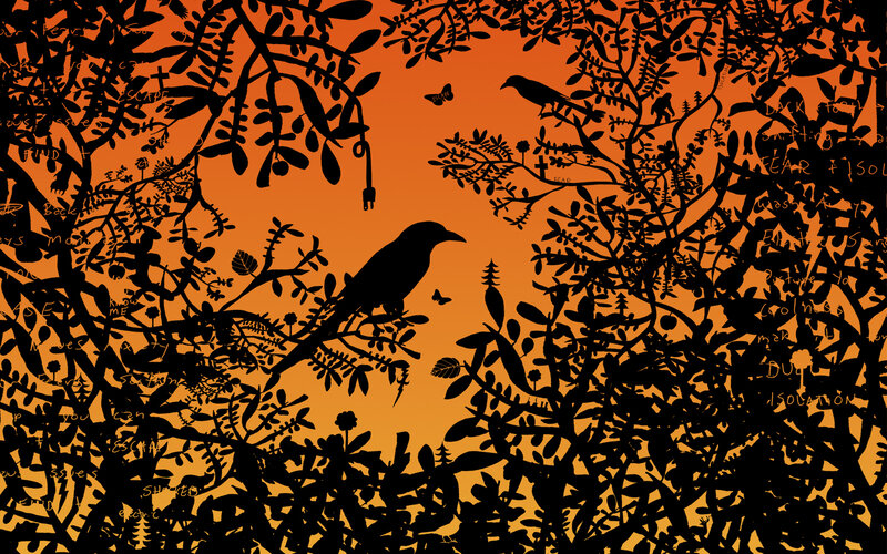 Silhouetted birds in a leafy scene