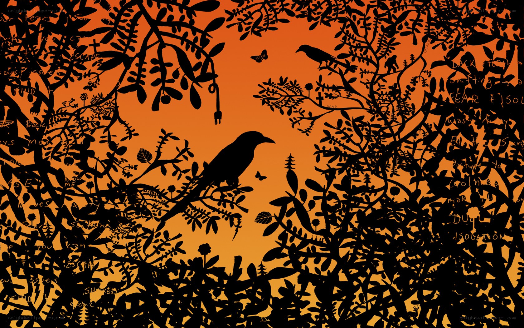 Silhouetted birds in a leafy scene