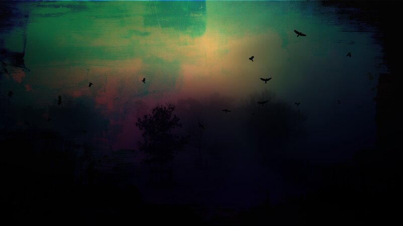 Silhouetted Birds in Sky — Green, Dark