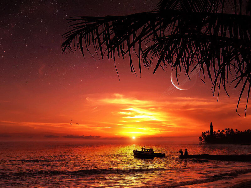 Silhouetted Boat at Sunset — Orange, Dramatic, Digital Art, Palm Tree, Moon, Lighthouse