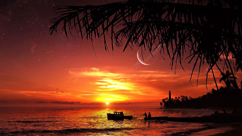 Silhouetted Boat at Sunset — Orange, Dramatic, Digital Art, Palm Tree