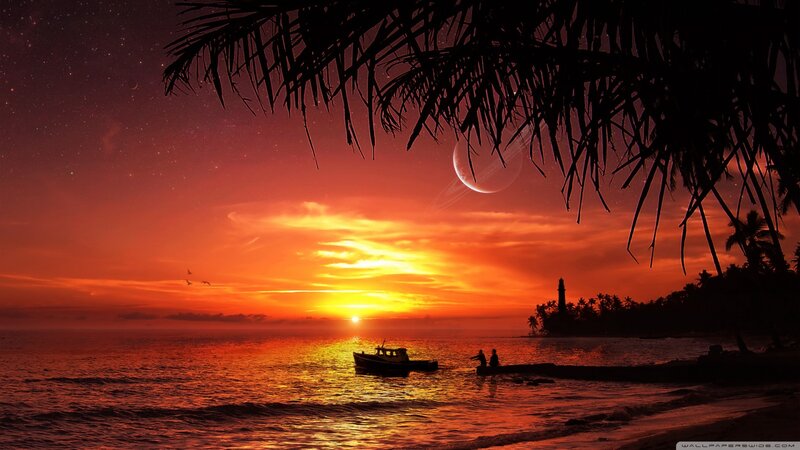 Silhouetted Boat at Sunset — Orange, Dramatic, Digital Art, Palm Trees