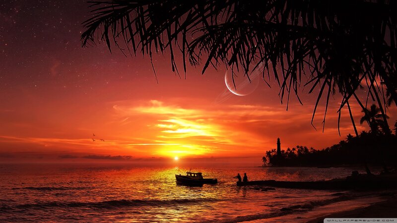 Silhouetted Boat at Sunset — Orange, Dramatic, Digital Art