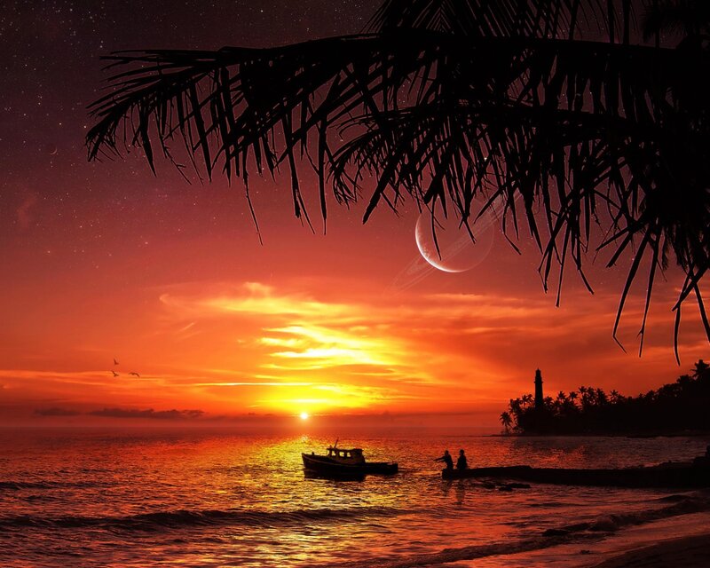 Silhouetted Boat at Sunset — Orange, Dramatic, Photograph