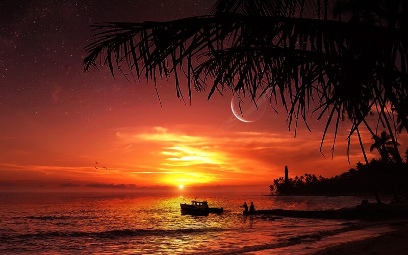 Silhouetted Boat at Sunset — Orange, Serene, Digital Art, Palm Tree