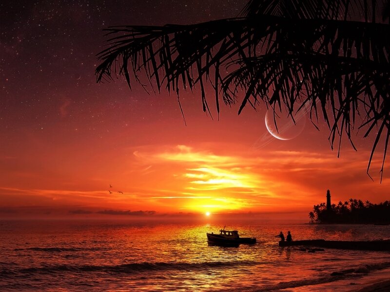 Silhouetted Boat at Sunset — Orange, Serene, Digital Art