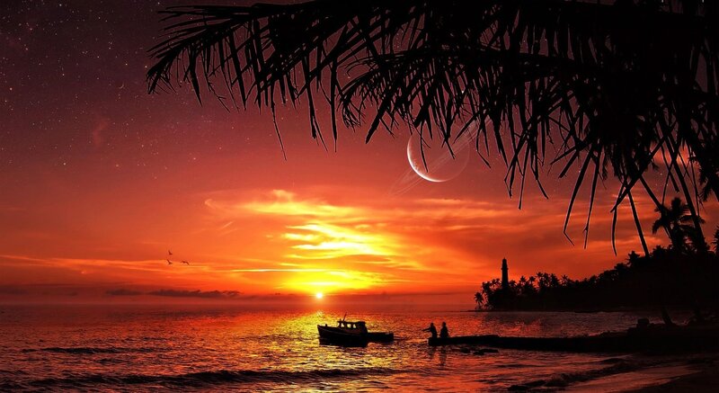 Silhouetted Boat at Sunset — Orange