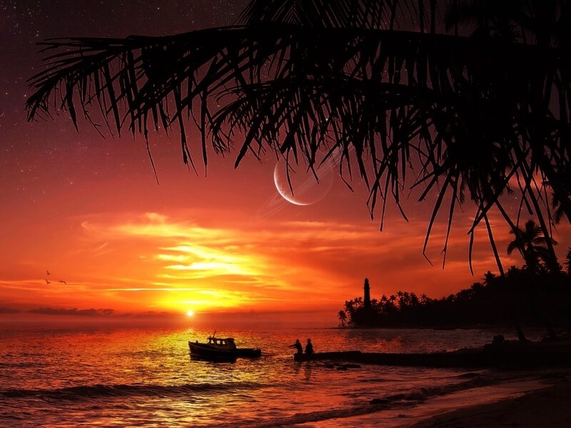 Silhouetted Boat at Sunset