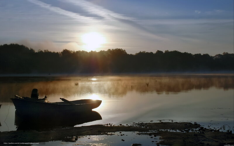 Silhouetted Boat on Lake — Blue