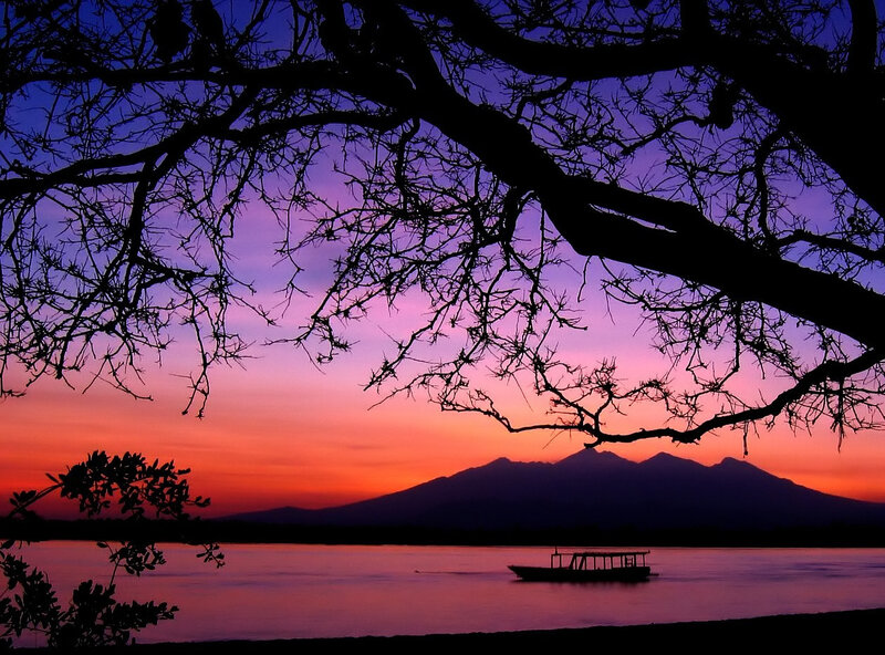 Silhouetted Boat on Lake — Purple