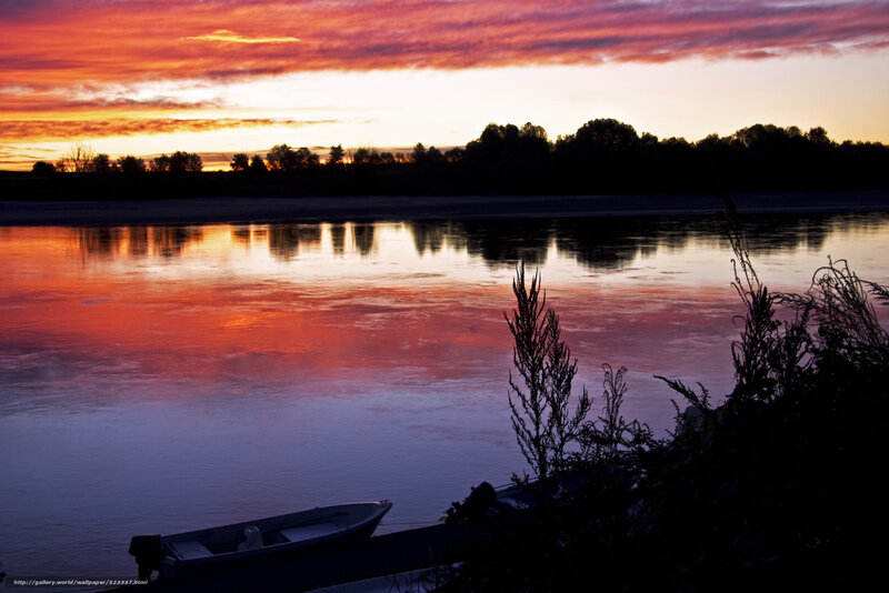 Silhouetted Boat on River — Red