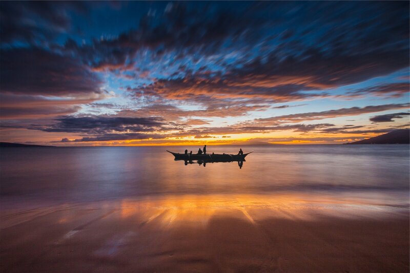 Silhouetted Boat on Water — Blue, Dramatic