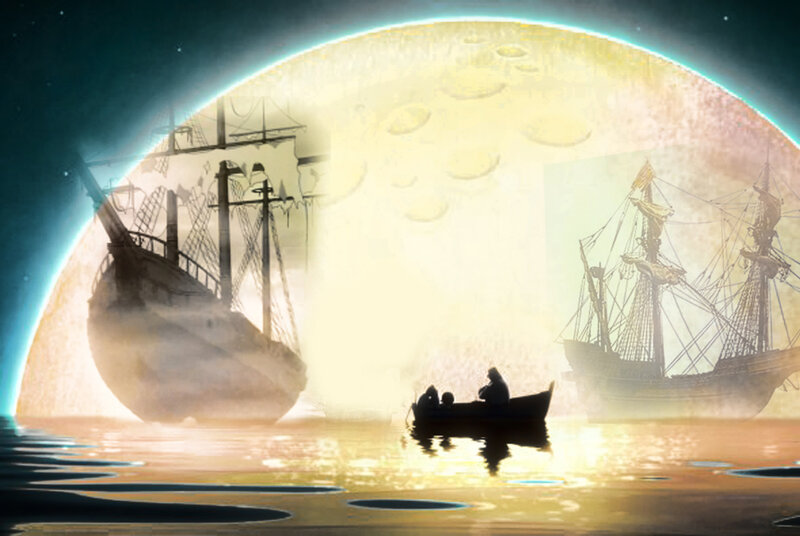 Silhouetted Boat on Water — Yellow