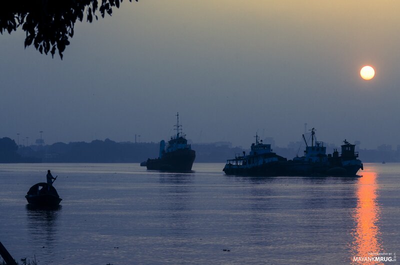 Silhouetted Boats at Sunset — Blue, Serene