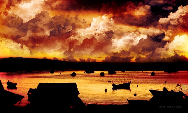 Silhouetted Boats at Sunset — Orange, Dramatic