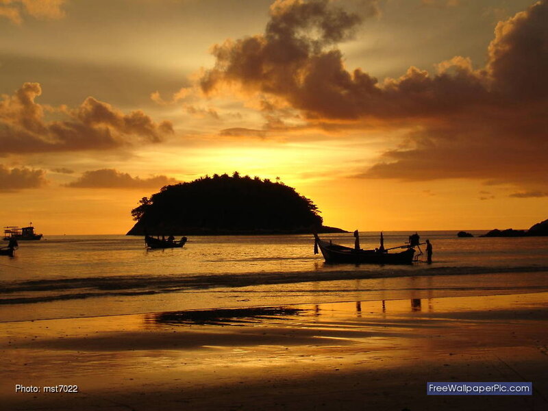 Silhouetted Boats at Sunset — Orange, Serene, Photograph, Island