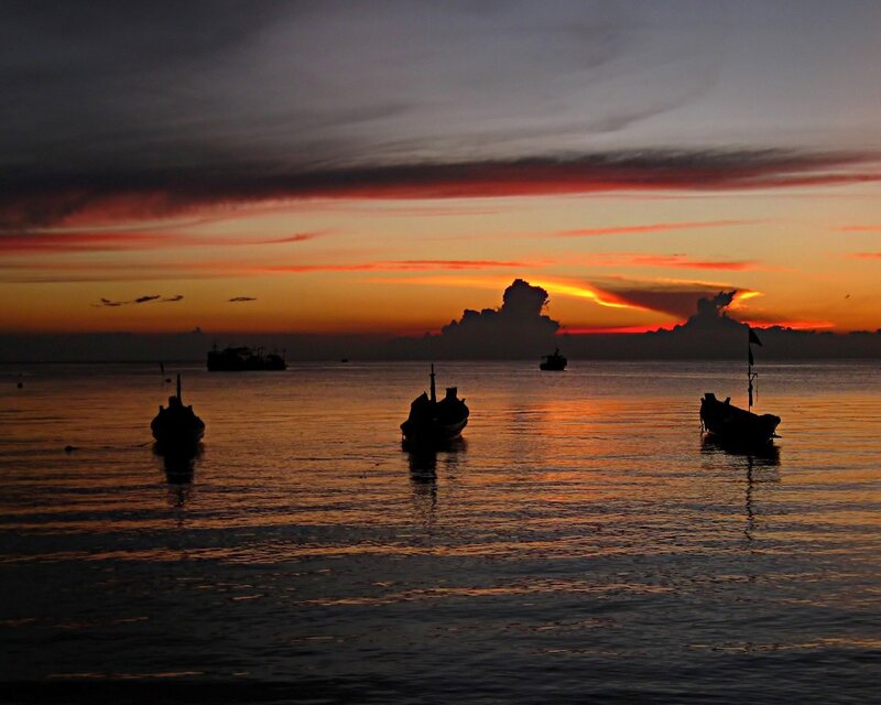 Silhouetted Boats at Sunset — Orange, Serene, Photograph, Sky