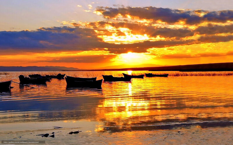 Silhouetted Boats at Sunset — Orange, Serene, Photograph, Sun, Clouds, Mountains