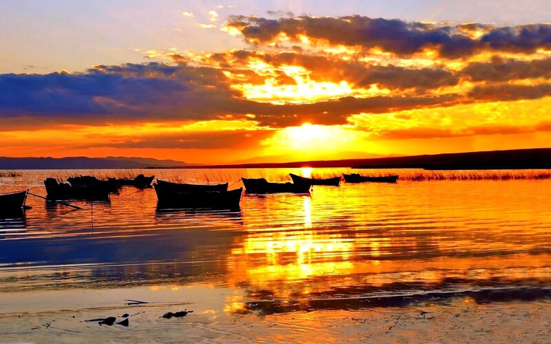 Silhouetted Boats at Sunset — Orange, Serene, Photograph, Sun, Sky