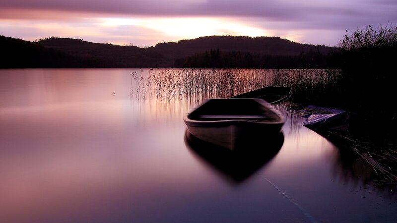 Silhouetted Boats on Lake — Purple, Serene