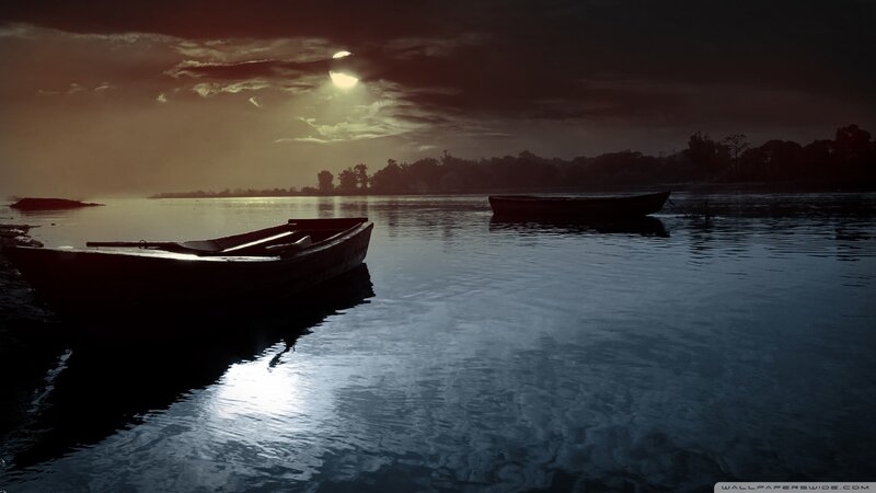 Silhouetted Boats on Water — Blue, Serene