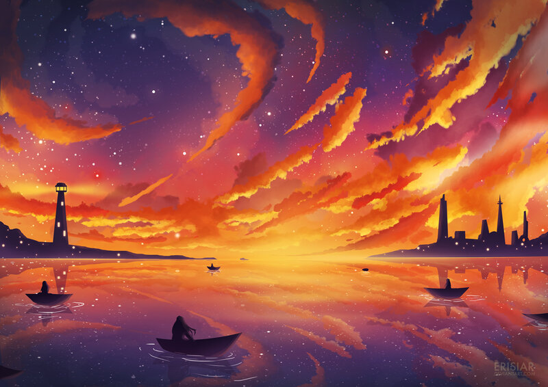Silhouetted Boats on Water — Orange, Dramatic, Sunset