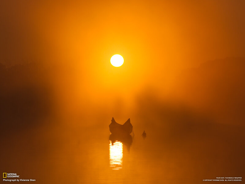 Silhouetted Boats on Water — Orange