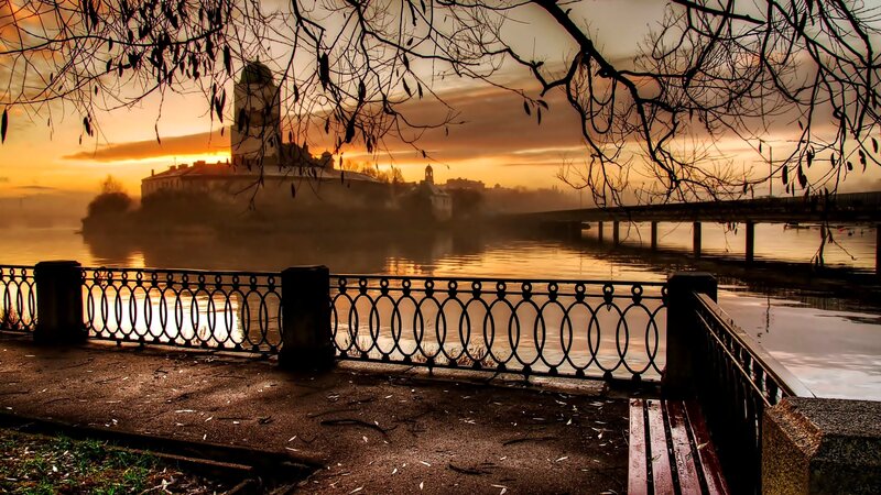 Silhouetted Bridge and Buildings