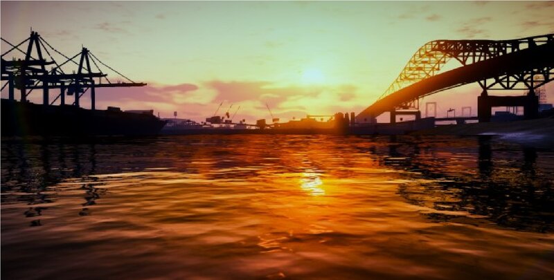 Silhouetted Bridge and Cranes