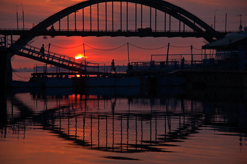 Silhouetted Bridge at Sunset — Orange, Dramatic, Photograph, Dock