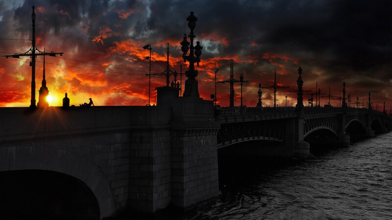 Silhouetted Bridge at Sunset — Orange, Dramatic, Photograph, River, Sky