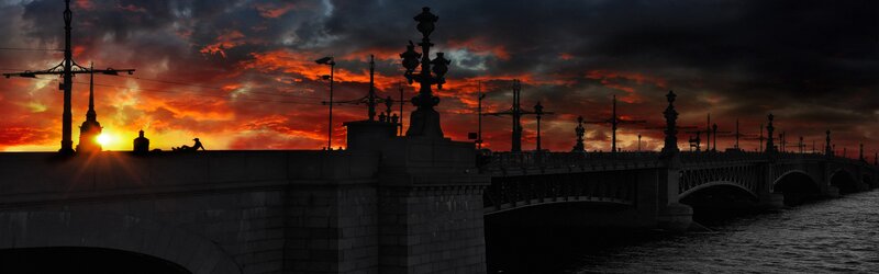Silhouetted Bridge at Sunset — Orange, Dramatic, Photograph, Sky