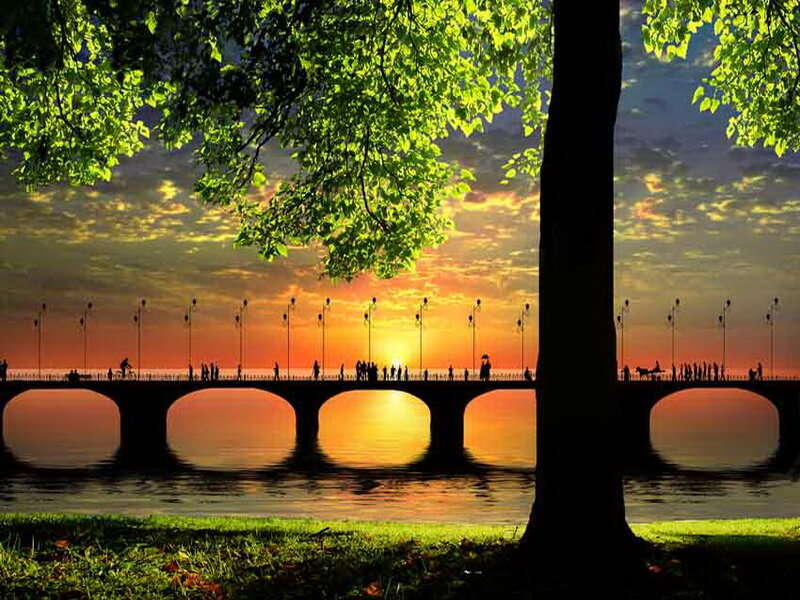 Silhouetted Bridge at Sunset — Orange