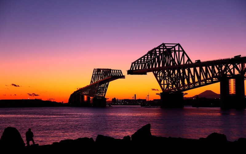 Silhouetted Bridges at Sunset — Purple