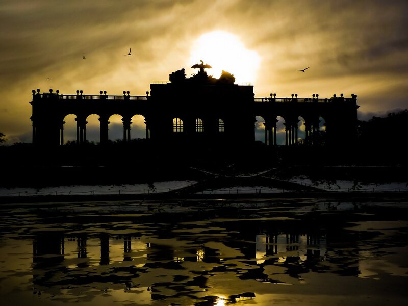 Silhouetted Building at Sunset