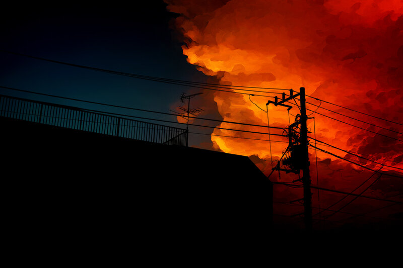 Silhouetted Buildings and Power Lines