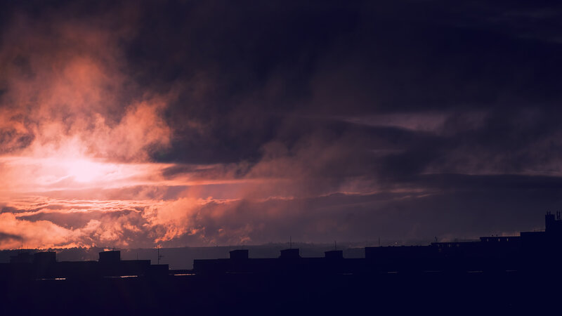 Silhouetted Buildings at Dusk — Purple, Dramatic