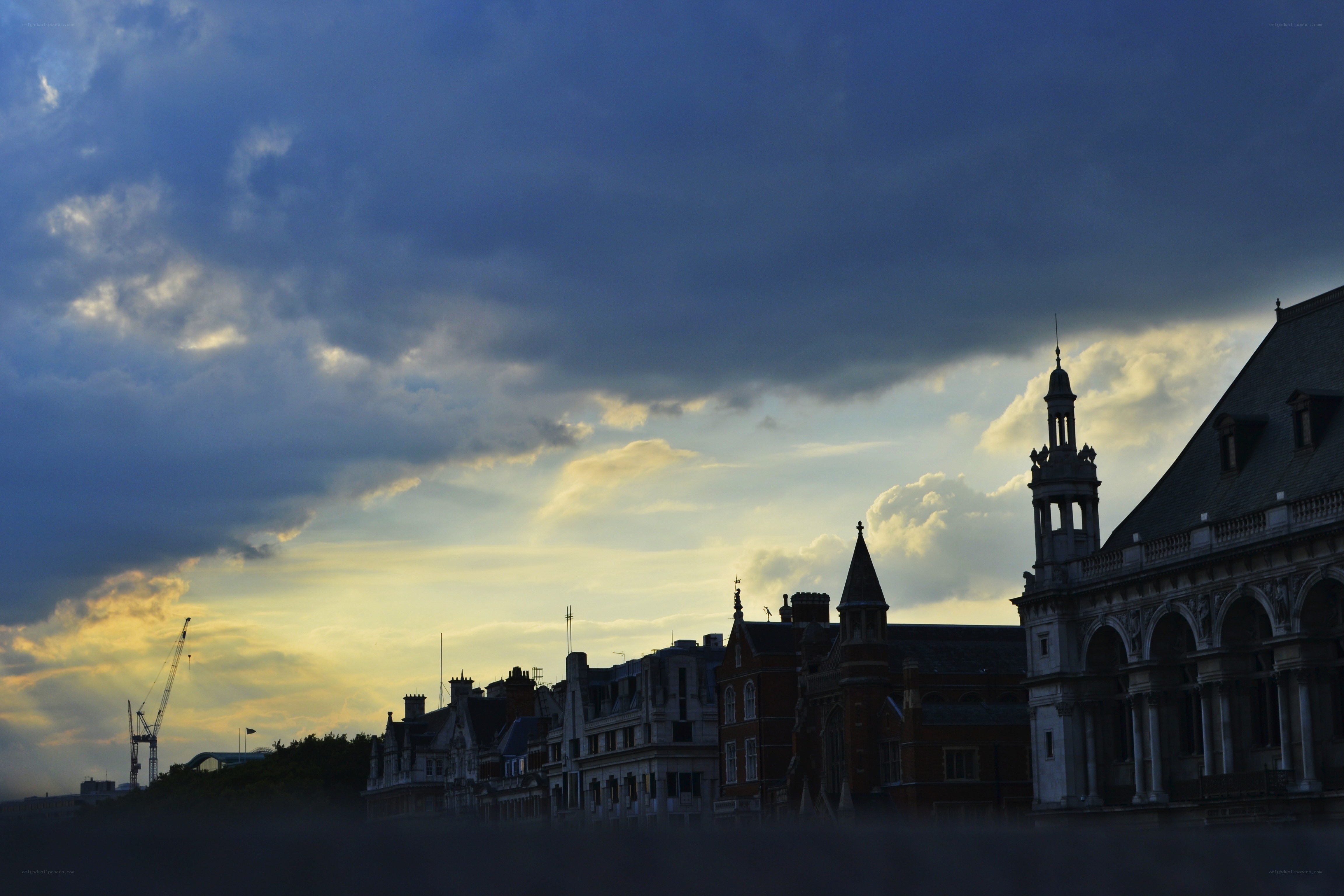 Silhouetted buildings at dusk