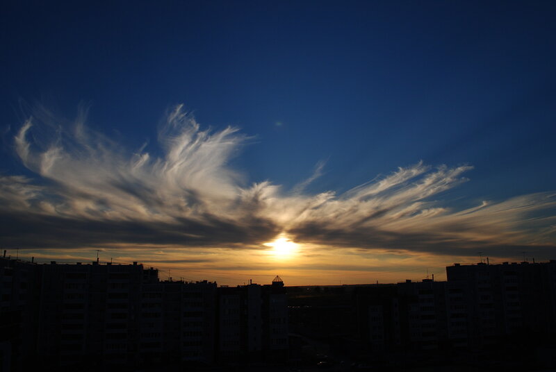 Silhouetted Buildings at Sunset — Blue