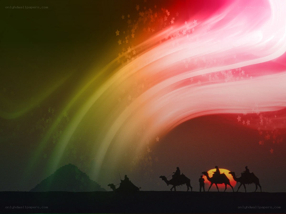 Silhouetted camels under a starry sky