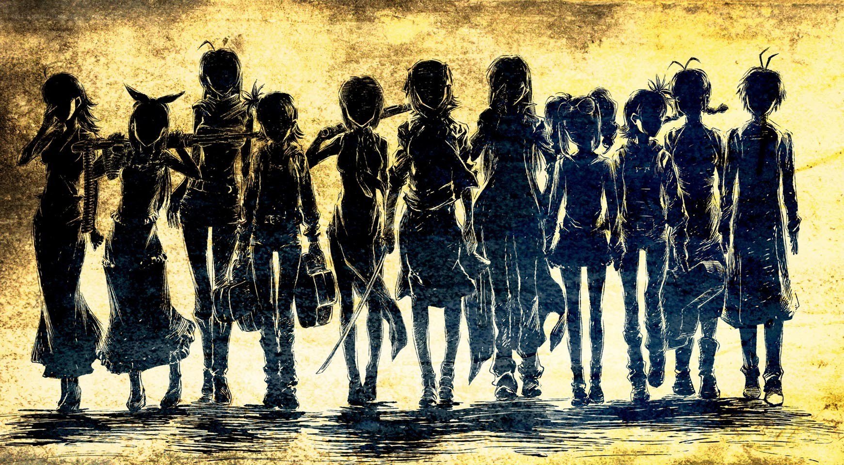 silhouetted characters in a line