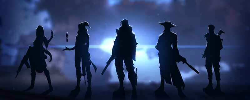 Silhouetted Characters Standing — Blue, Dramatic