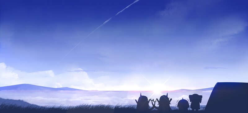 Silhouetted Characters Watching Sunrise