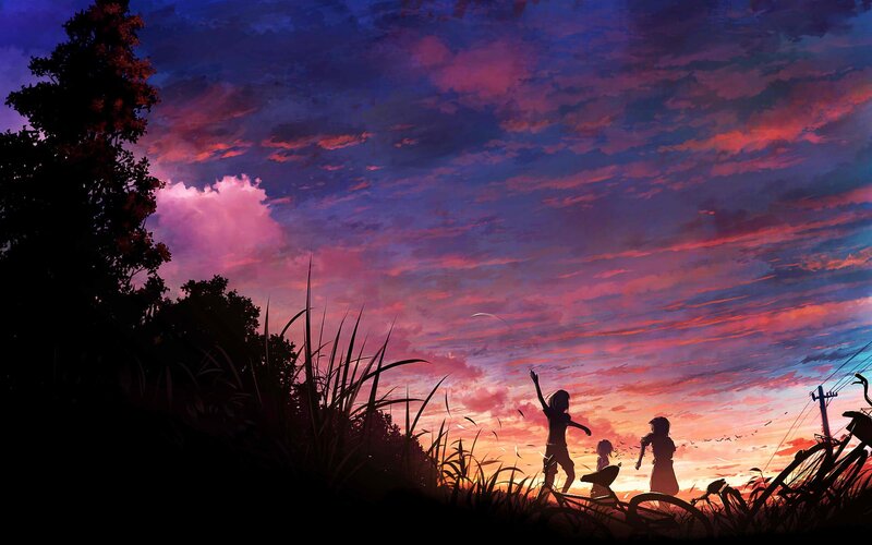 Silhouetted Children at Sunset — Purple, Serene