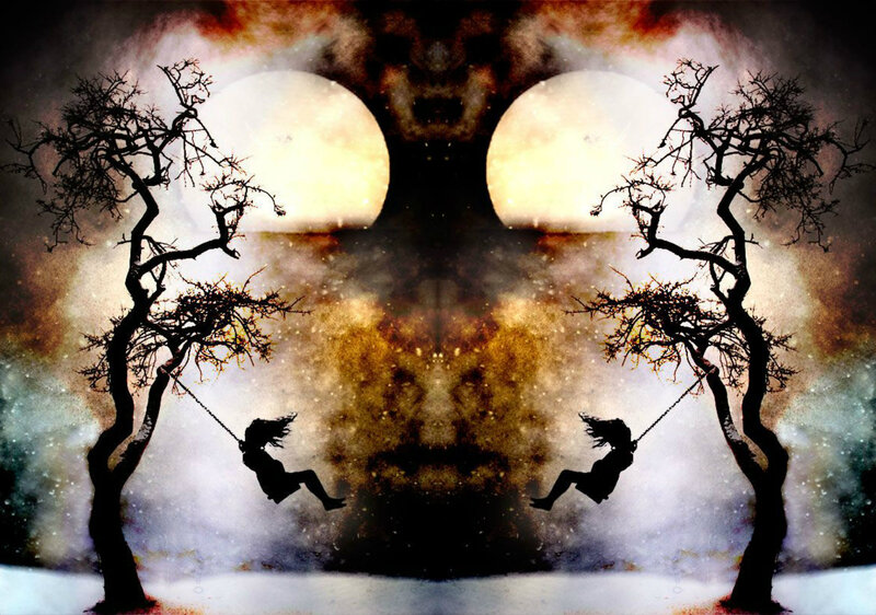 Silhouetted Children on Swings