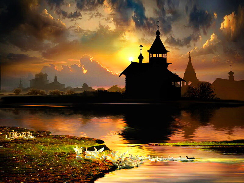Silhouetted Church at Sunset — Orange