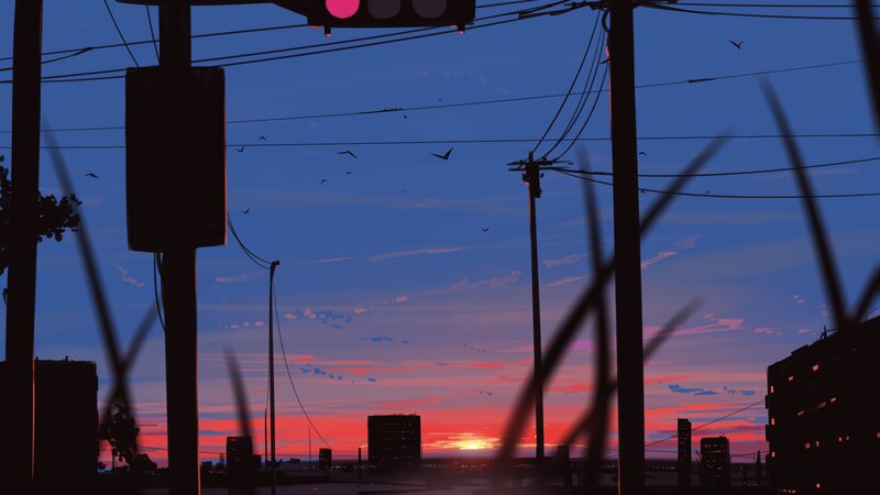 Silhouetted City at Sunset — Blue, Serene
