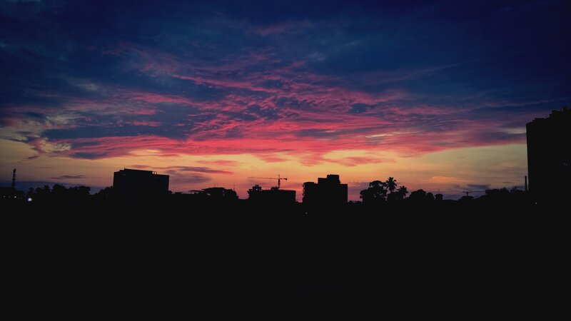 Silhouetted City Skyline — Purple