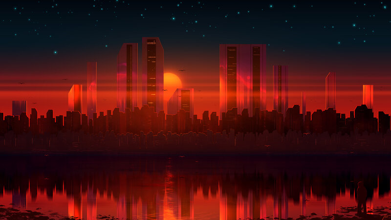 Silhouetted City Skyline — Red, Dramatic, Sunset, Digital Art