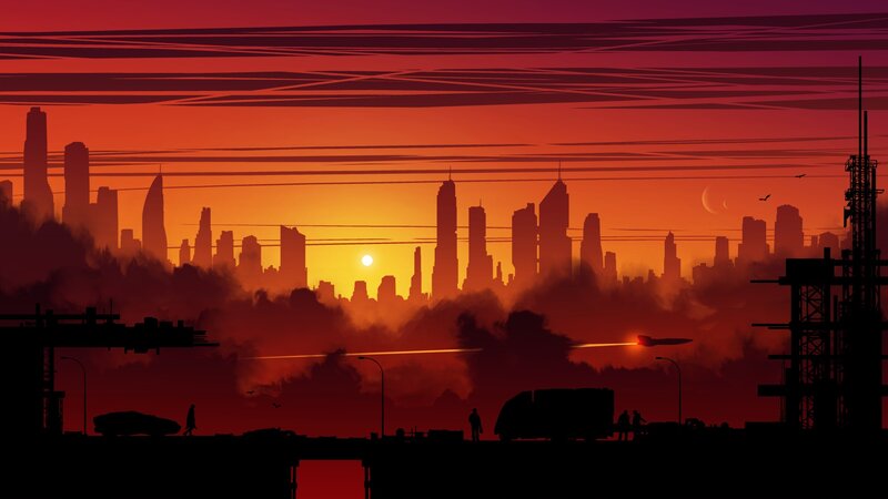Silhouetted City Skyline — Red, Dramatic, Sunset